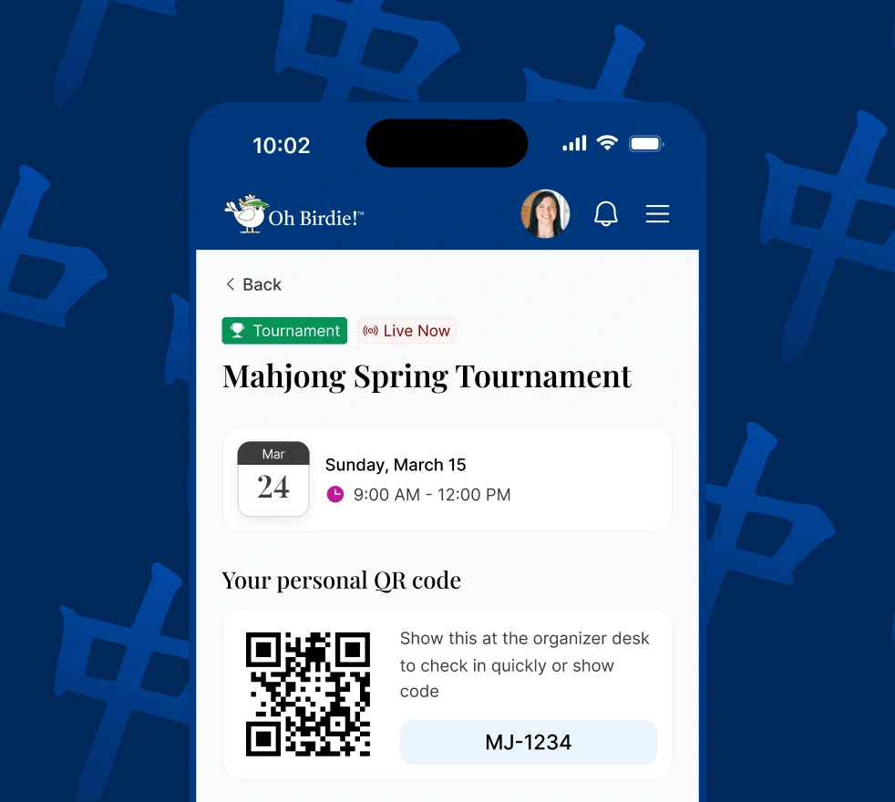 The Oh Birdie!™ player app showing a live event with check-in QR code