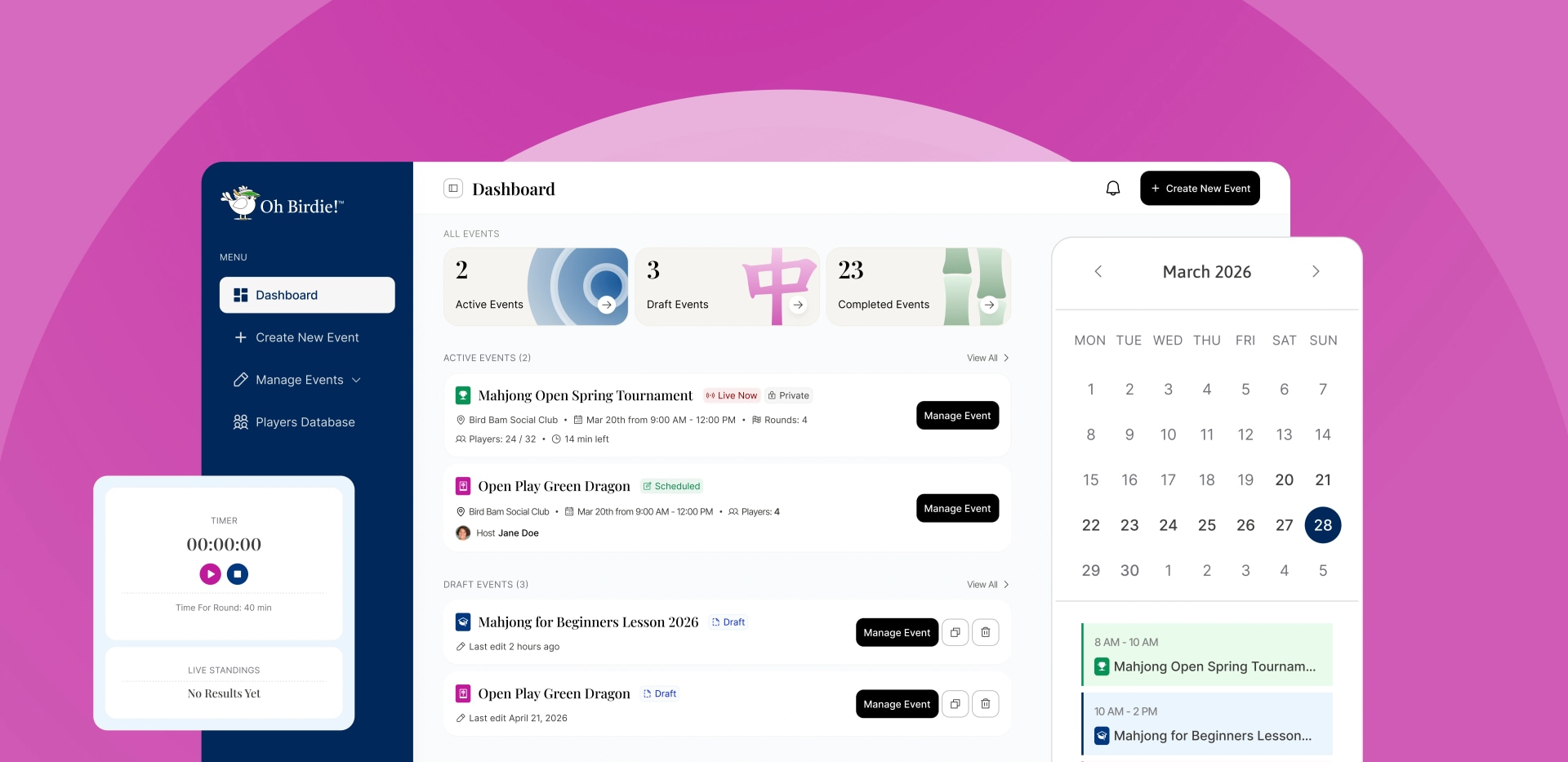 Oh Birdie!™ organizer dashboard
